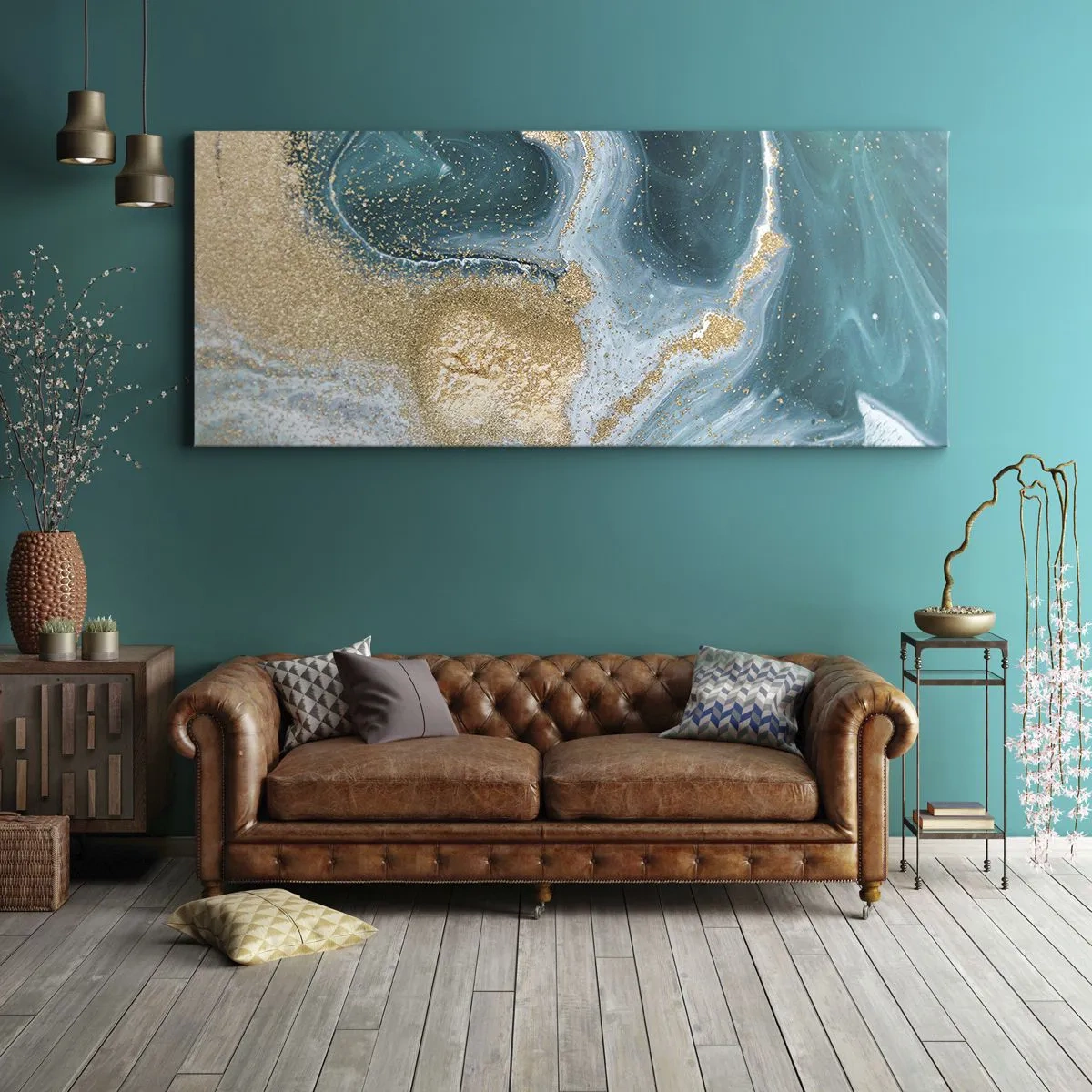 Bild auf Leinwand - Leinwandbild - Abstrakter Wirbel in Türkis- und Goldtönen - 120x50cm - Ein Strudel aus Gold und Türkis - Moderne Wanddekoration für Wohnzimmer und Schlafzimmer ARTTOR