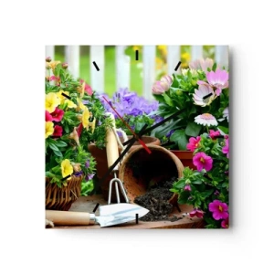 Wanduhr - Glasuhr - Bunte Blumen in Töpfen mit Gartengeräten auf dem Tisch - 30x30cm - Zosias Garten - Moderne Wanddekoration für Wohnzimmer und Schlafzimmer ARTTOR