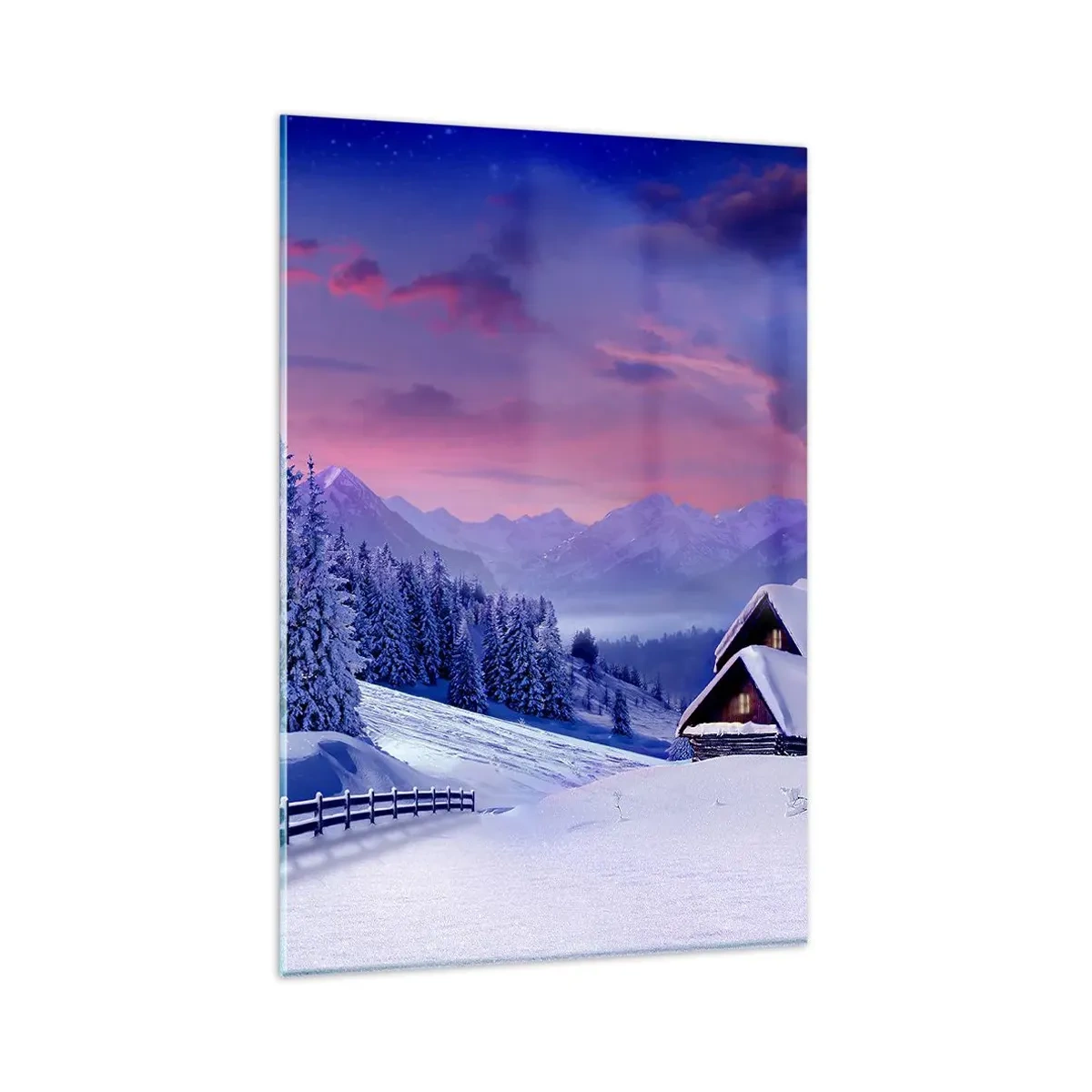 Glasbild - Bild auf glas - Winterlandschaft mit Berghütten bei Sonnenuntergang - 80x120cm - Stille Nacht - Moderne Wanddekoration für Wohnzimmer und Schlafzimmer ARTTOR