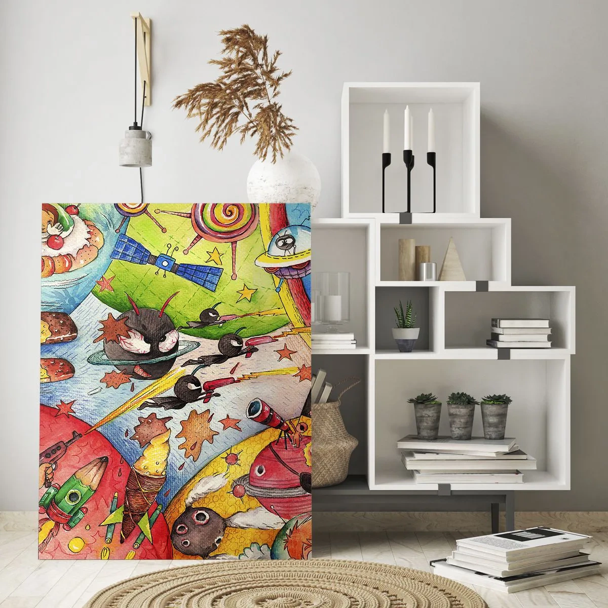 Glasbild - Bild auf glas - Eine bunte Weltraumszene voller Kinder und Raumschiffe - 80x120cm - Tolles Weltraumabenteuer - Moderne Wanddekoration für Wohnzimmer und Schlafzimmer ARTTOR