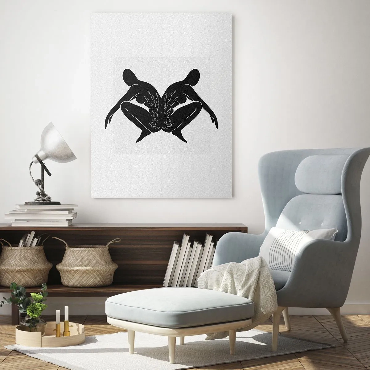 Glasbild - Bild auf glas - Schwarze Silhouetten in symmetrischer Position auf weißem Hintergrund - 70x100cm - Gemeinsame Seele - Moderne Wanddekoration für Wohnzimmer und Schlafzimmer ARTTOR