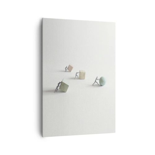 Bild auf Leinwand - Leinwandbild - Miniaturfiguren, die Formen vor einem hellen Hintergrund schieben - 70x100cm - Pures Leben - Moderne Wanddekoration für Wohnzimmer und Schlafzimmer ARTTOR