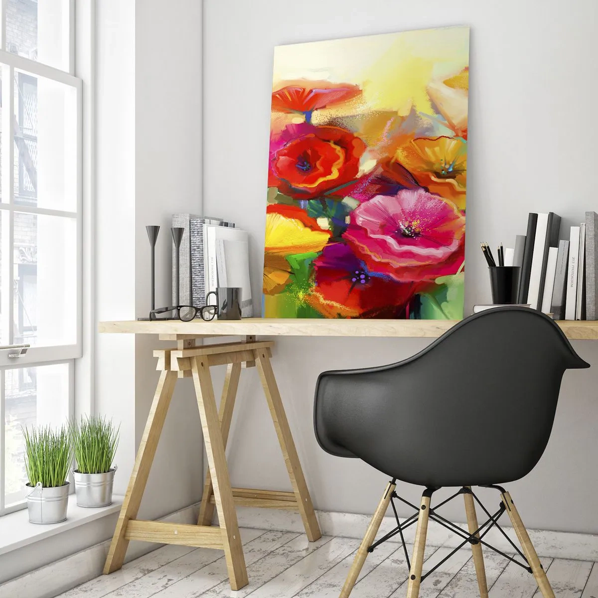 Glasbild - Bild auf glas - Bunte Mohnblumen in leuchtenden Farben - 50x70cm - Nicht nur rot - Moderne Wanddekoration für Wohnzimmer und Schlafzimmer ARTTOR
