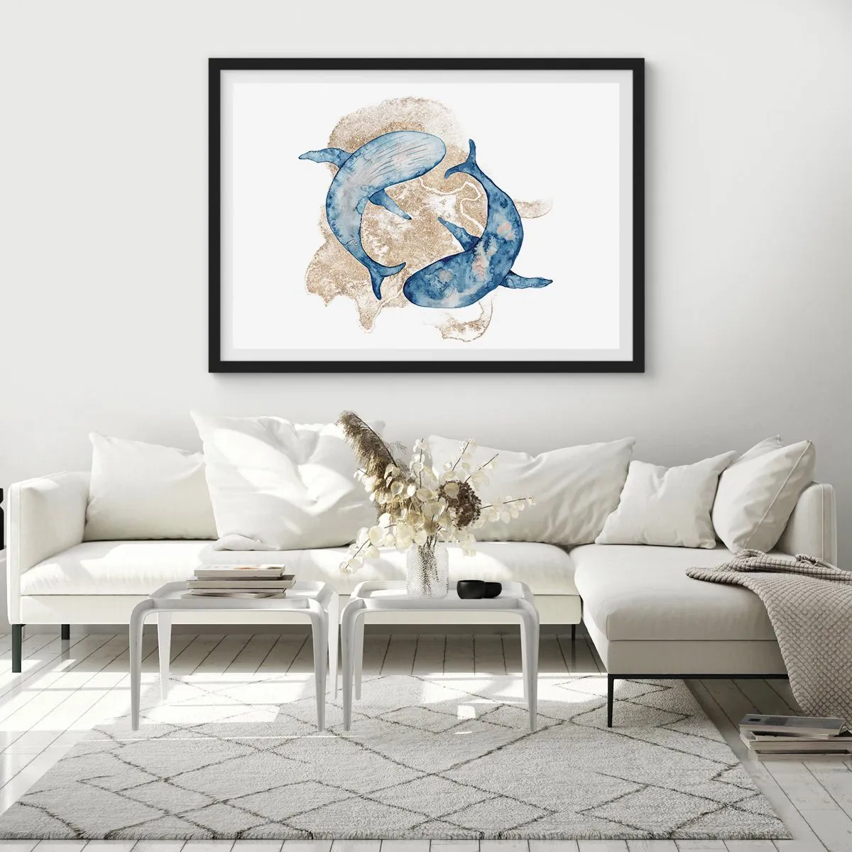 Poster in einem schwarzem Rahmen - Abstrakte Blauwale auf hellem Hintergrund - 70x50cm - Freundschaft oder Liebe? - Moderne Wanddekoration für Wohnzimmer und Schlafzimmer ARTTOR