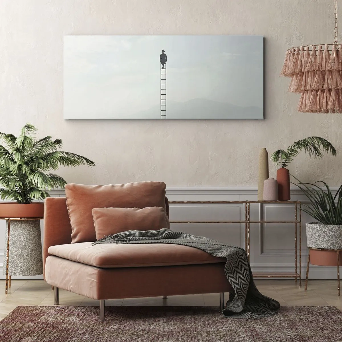Bild auf Leinwand - Leinwandbild - Ein Mann auf einer Leiter, die in den Himmel ragt - 140x50cm - Erhebe dich darüber! - Moderne Wanddekoration für Wohnzimmer und Schlafzimmer ARTTOR