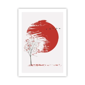 Poster - Roter Kreis mit Baum und Vögeln im minimalistischen Stil - 50x70cm - Kennst du dieses Land? - Moderne Wanddekoration für Wohnzimmer und Schlafzimmer ARTTOR