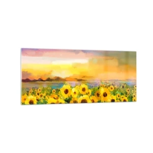 Glasbild - Bild auf glas - Ein Sonnenblumenfeld im Licht der untergehenden Sonne - 120x50cm - Die Sonne selbst ist auf die Erde herabgestiegen - Moderne Wanddekoration für Wohnzimmer und Schlafzimmer ARTTOR