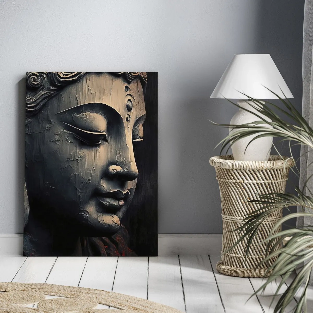 Bild auf Leinwand - Leinwandbild - Buddha-Skulptur mit einer roten Lotusblüte - 70x100cm - Im Einklang mit der Welt - Moderne Wanddekoration für Wohnzimmer und Schlafzimmer ARTTOR