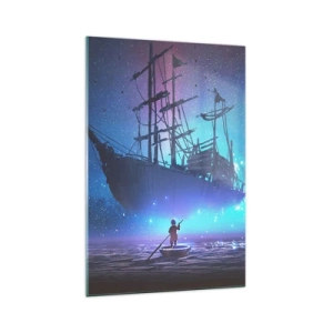 Glasbild - Bild auf glas - Ein fantastisches Schiff vor dem Sternenhimmel - 70x100cm - Begegnung mit dem Mythos des Meeres - Moderne Wanddekoration für Wohnzimmer und Schlafzimmer ARTTOR