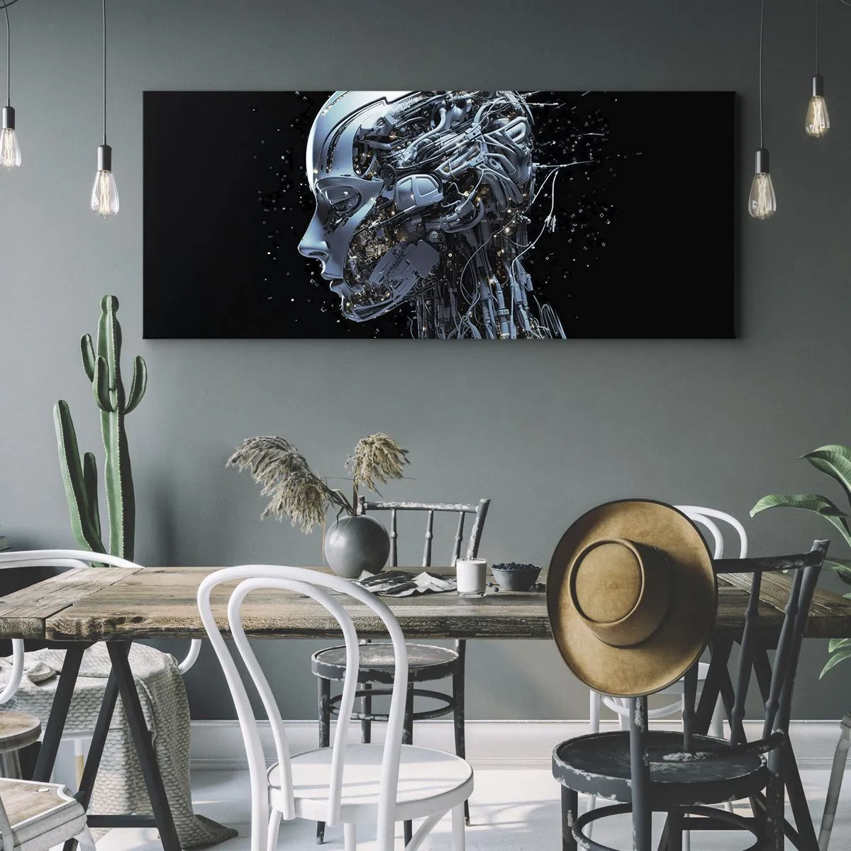 Bild auf Leinwand - Leinwandbild - Futuristisches Porträt eines Cyborgs im Industriestil auf schwarzem Hintergrund. - 160x50cm - Technologie ist eine Frau - Moderne Wanddekoration für Wohnzimmer und Schlafzimmer ARTTOR
