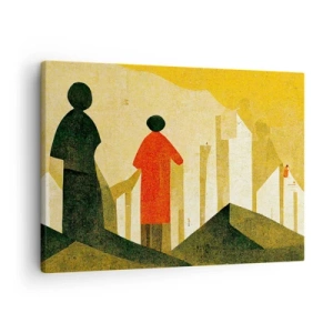 Bild auf Leinwand - Leinwandbild - Geometrische Silhouetten in Rot und Grün auf gelbem Hintergrund - 70x50cm - Es ist noch ein langer Weg - Moderne Wanddekoration für Wohnzimmer und Schlafzimmer ARTTOR