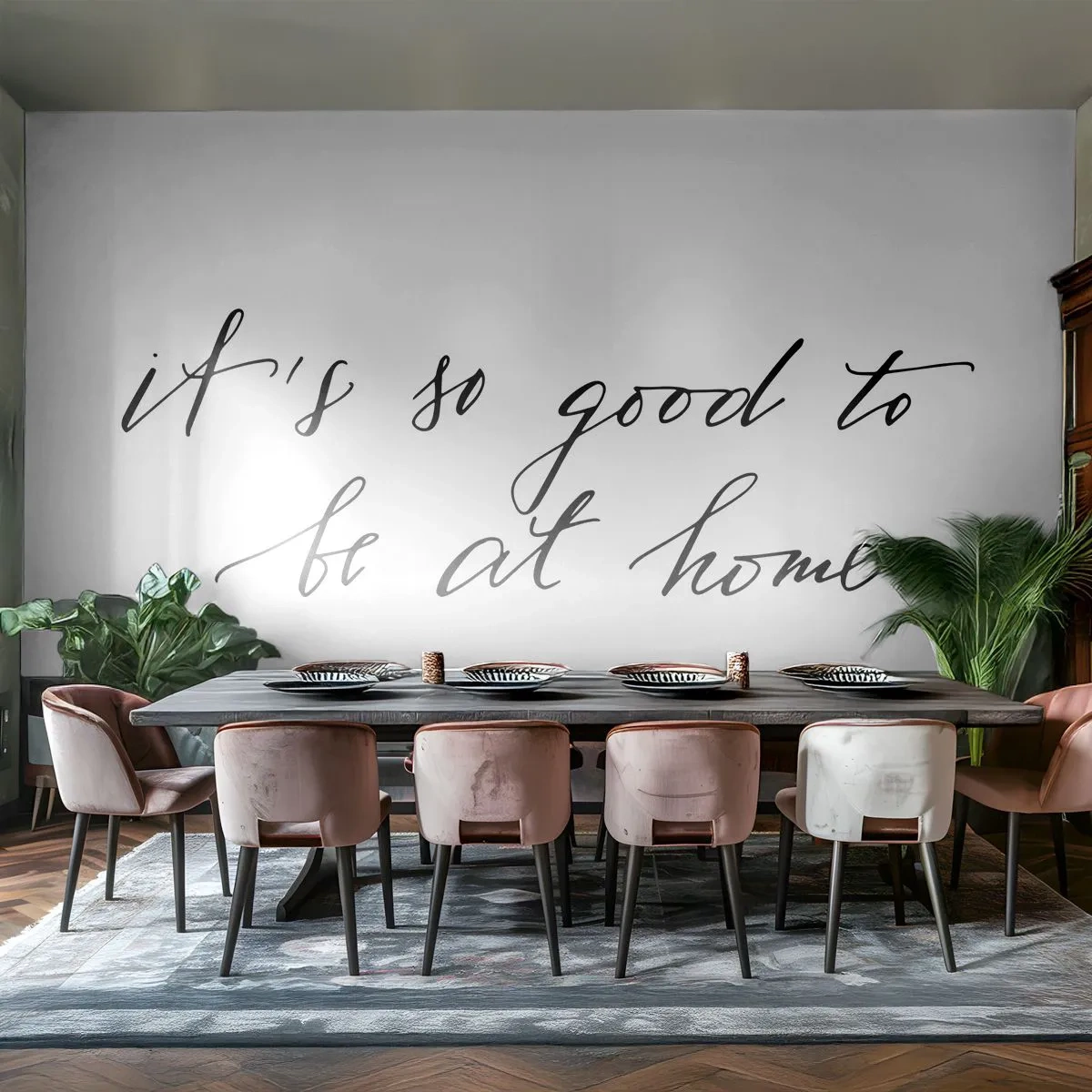 Fototapete Standard Eco - „Es ist so schön, zu Hause zu sein“ Zitat in Kalligraphie - 100x70cm - Die ganze Wahrheit - Moderne Wanddekoration für Wohnzimmer und Schlafzimmer ARTTOR