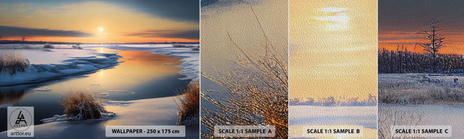 Fototapeten Muster Premium Sand - Wintersonnenuntergang - Winter, Fluss, Landschaft - 100x30 cm