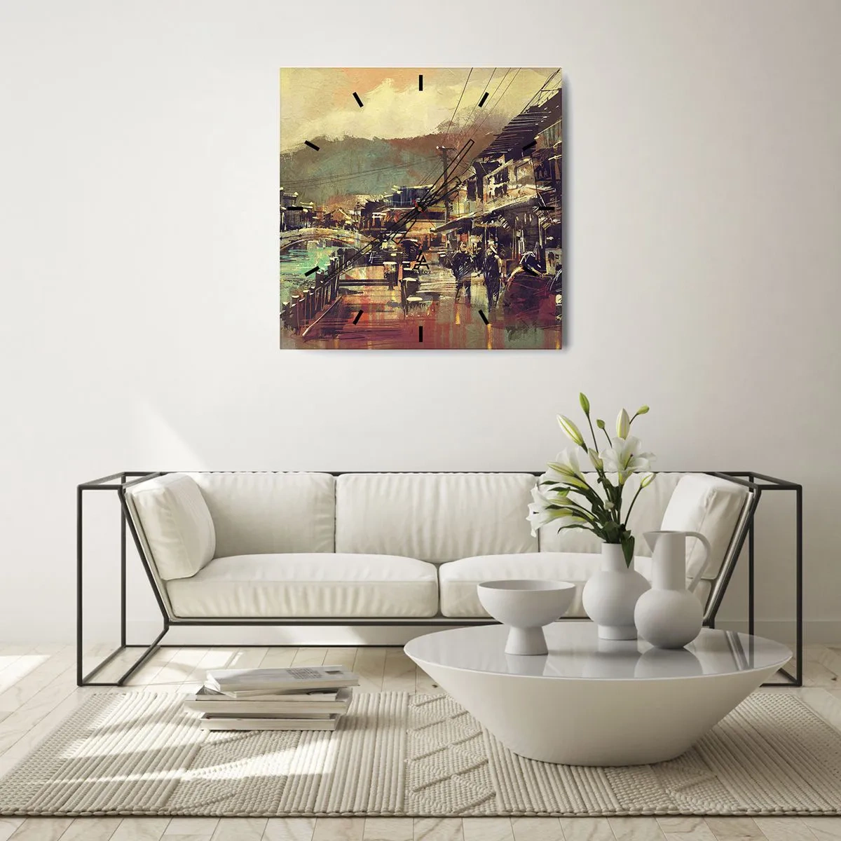 Wanduhr - Glasuhr - Eine Stadt mit einer Brücke und kunstvoll gestalteten Straßen - 30x30cm - Das Leben als Reichtum an Grau - Moderne Wanddekoration für Wohnzimmer und Schlafzimmer ARTTOR