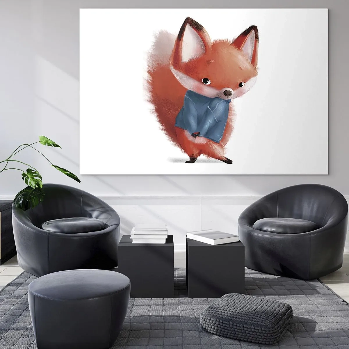 Glasbild - Bild auf glas - Ein süßer Fuchs in einem blauen Pullover auf weißem Hintergrund - 70x50cm - Steht mir das gut? - Moderne Wanddekoration für Wohnzimmer und Schlafzimmer ARTTOR