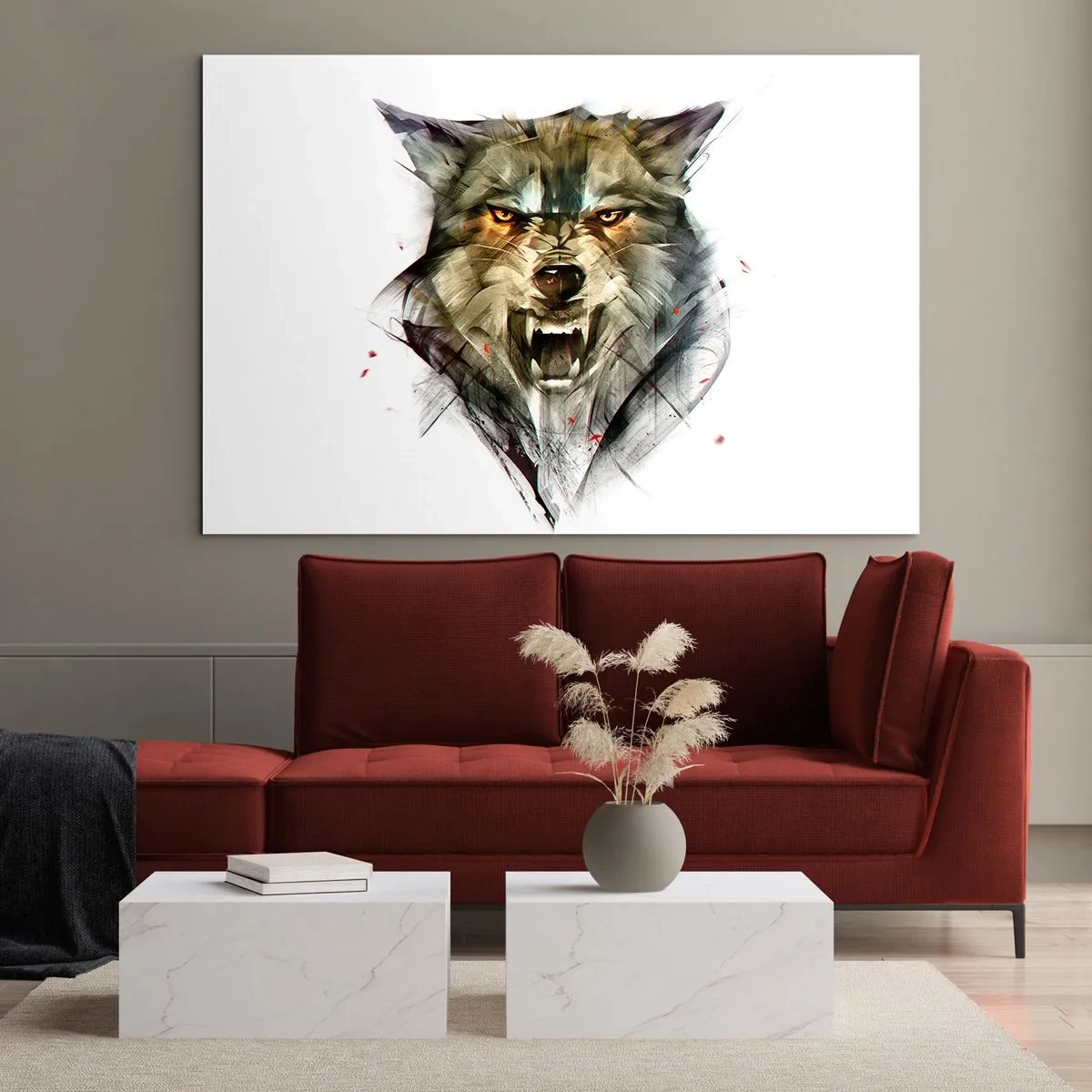 Glasbild - Bild auf glas - Eine Grafik eines bedrohlichen Wolfes mit offenem Maul und intensivem Blick - 70x50cm - Kein Schritt näher! - Moderne Wanddekoration für Wohnzimmer und Schlafzimmer ARTTOR