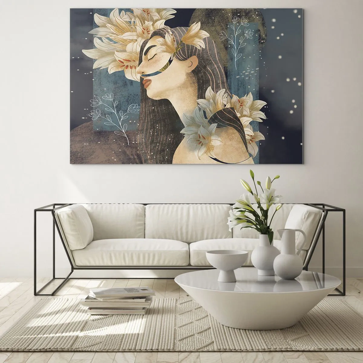 Glasbild - Bild auf glas - Eine weibliche Figur mit Lilien im Märchenstil - 70x50cm - Ein Märchen über eine Prinzessin mit Lilien - Moderne Wanddekoration für Wohnzimmer und Schlafzimmer ARTTOR
