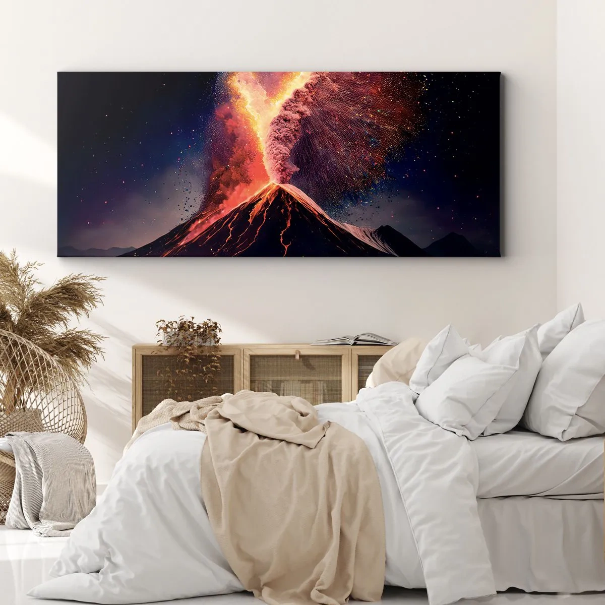 Bild auf Leinwand - Leinwandbild - Ein einzigartiger Vulkanausbruch bei Nacht mit dynamischen Farben. - 140x50cm - Schönheit und Horror - Moderne Wanddekoration für Wohnzimmer und Schlafzimmer ARTTOR