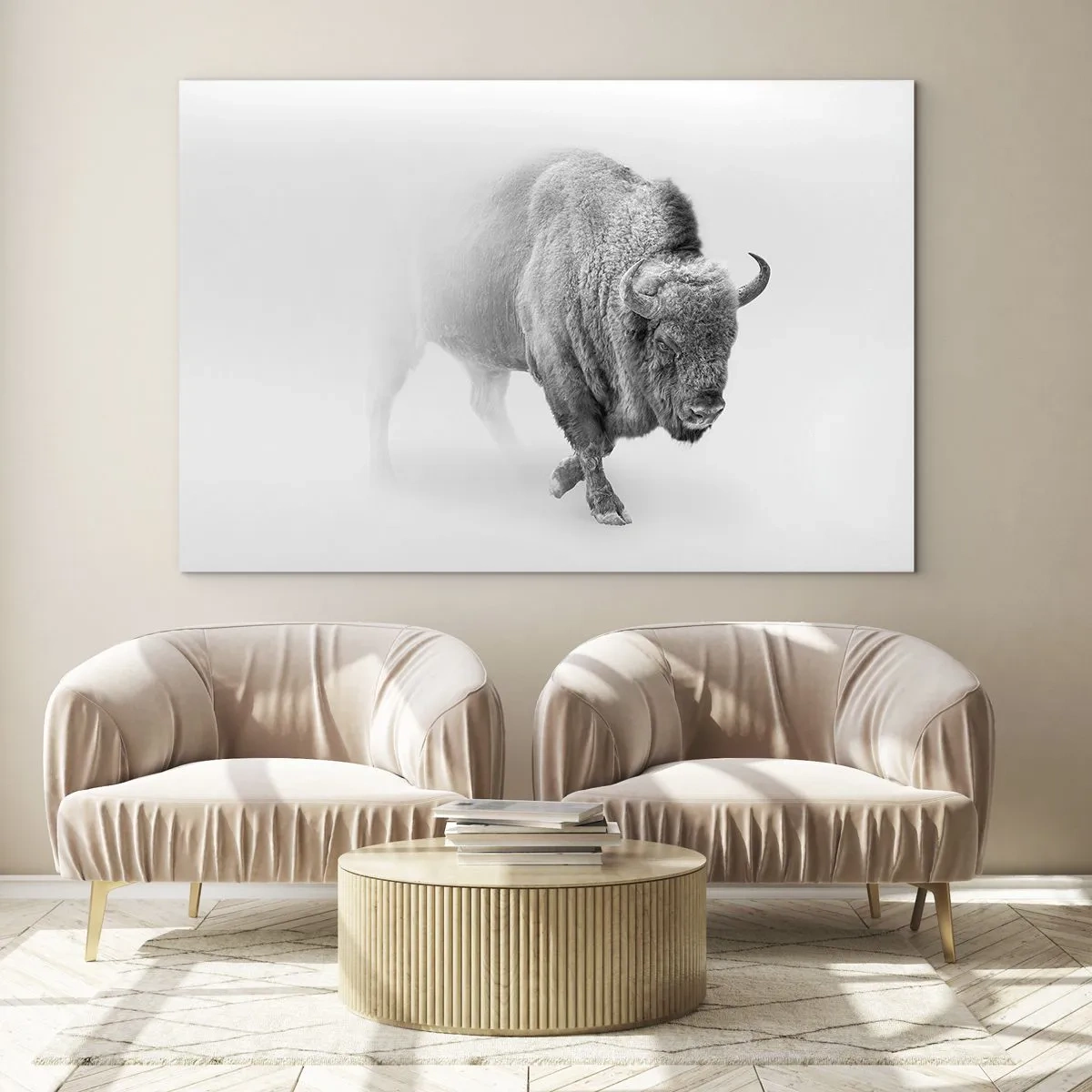 Glasbild - Bild auf glas - Schwarz-Weiß-Illustration eines majestätischen Bisons - 100x70cm - König der Prärie - Moderne Wanddekoration für Wohnzimmer und Schlafzimmer ARTTOR