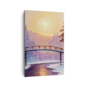 Bild auf Leinwand - Leinwandbild - Winterlandschaft mit einer vom Sonnenuntergang beleuchteten Brücke - 80x120cm - Vier Jahreszeiten - Winter - Moderne Wanddekoration für Wohnzimmer und Schlafzimmer ARTTOR