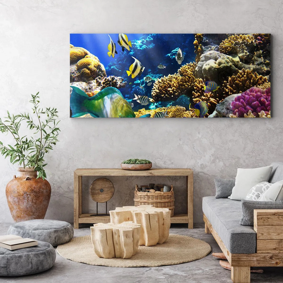 Bild auf Leinwand - Leinwandbild - Ein farbenfrohes Korallenriff mit tropischen Fischen in den Tiefen des Ozeans. - 120x50cm - Viel Verkehr auf dem Ferienweg - Moderne Wanddekoration für Wohnzimmer und Schlafzimmer ARTTOR