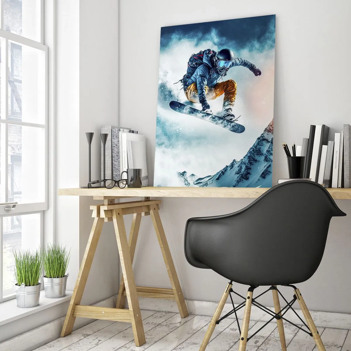 Glasbild - Bild auf glas - Ein Snowboarder fliegt über schneebedeckte Berge - 70x100cm - Extreme Emotionen - Moderne Wanddekoration für Wohnzimmer und Schlafzimmer ARTTOR