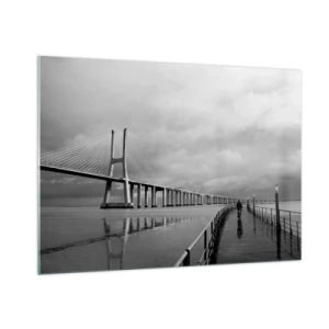 Glasbild - Bild auf glas - Eine Brücke in einer monochromen Landschaft mit einem Radfahrer - 100x70cm - Jedem das Verdiente - Moderne Wanddekoration für Wohnzimmer und Schlafzimmer ARTTOR
