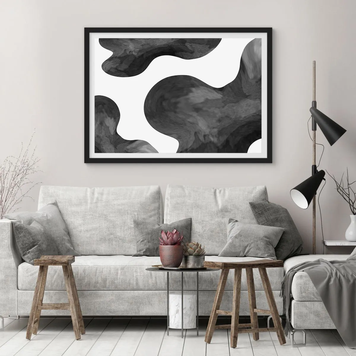Poster in einem schwarzem Rahmen - Abstraktes Muster in Grau- und Weißtönen - 70x50cm - Milchstraße - Moderne Wanddekoration für Wohnzimmer und Schlafzimmer ARTTOR
