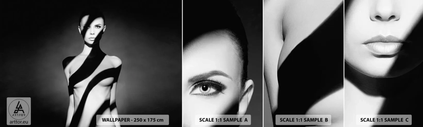 Fototapeten Muster Selbstklebend Deluxe Sticker - In Glanz und Schatten - Frau, Körper, Stück - 100x30 cm