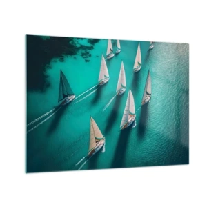 Glasbild - Bild auf glas - Segelboote auf türkisfarbenem Wasser aus der Vogelperspektive aufgenommen - 70x50cm - Im Wettbewerb mit dem Wind - Moderne Wanddekoration für Wohnzimmer und Schlafzimmer ARTTOR