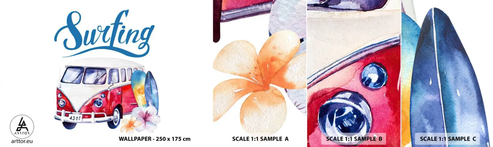 Fototapeten Muster Selbstklebend Deluxe Sticker - Gurke - ein Klassiker für einen Surfer - Oldtimer-Bus, Reisen, Surfbrett - 100x30 cm