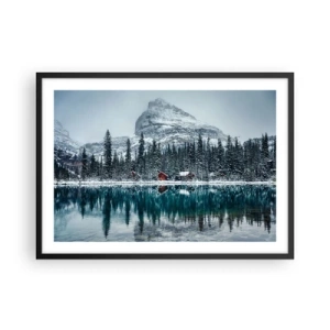 Poster in einem schwarzem Rahmen - Winterlandschaft mit Hütten im Wald an einem zugefrorenen See - 70x50cm - Kanadischer Rückzug - Moderne Wanddekoration für Wohnzimmer und Schlafzimmer ARTTOR