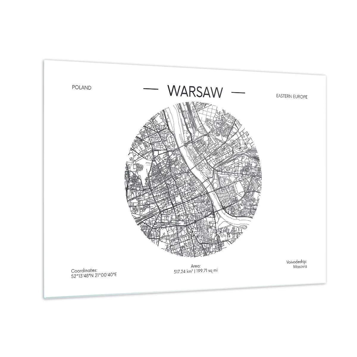 Glasbild - Bild auf glas - Karte von Warschau in Form einer grafischen Darstellung - 70x50cm - Anatomie von Warschau - Moderne Wanddekoration für Wohnzimmer und Schlafzimmer ARTTOR