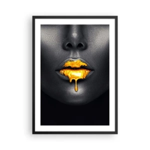 Poster in einem schwarzem Rahmen - Schwarzes Frauengesicht mit orangefarbener Farbe auf den Lippen - 50x70cm - Goldmaul - Moderne Wanddekoration für Wohnzimmer und Schlafzimmer ARTTOR