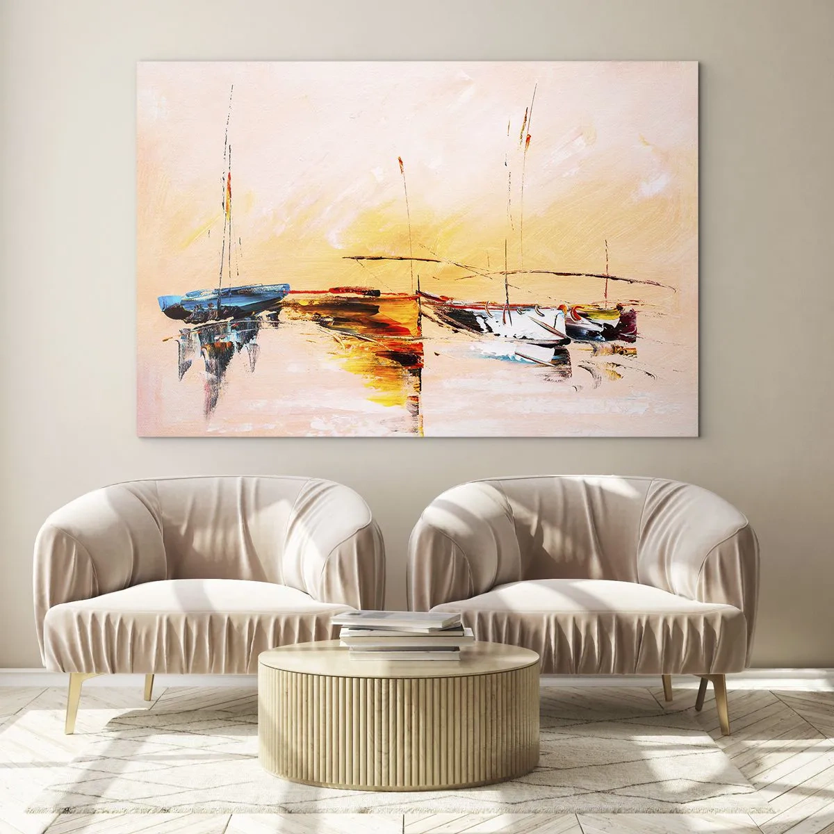 Glasbild - Bild auf glas - Bunte Boote vor der Kulisse eines impressionistischen Sonnenuntergangs - 70x50cm - Abend im Yachthafen - Moderne Wanddekoration für Wohnzimmer und Schlafzimmer ARTTOR