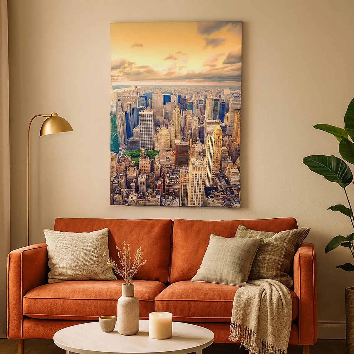 Bild auf Leinwand - Leinwandbild - Stadtpanorama mit Blick auf Wolkenkratzer bei Sonnenuntergang - 50x70cm - Vergoldete Metropole - Moderne Wanddekoration für Wohnzimmer und Schlafzimmer ARTTOR