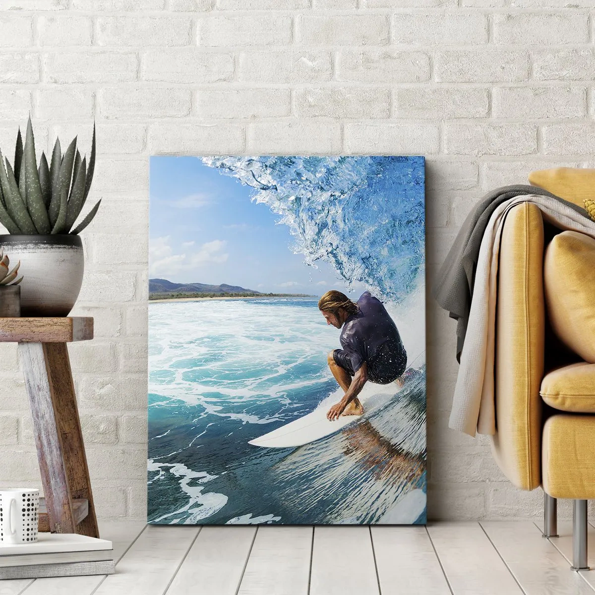 Bild auf Leinwand - Leinwandbild - Ein Surfer in dynamischer Pose auf einer Welle im türkisfarbenen Wasser. - 80x120cm - Tanzen mit den Wellen - Moderne Wanddekoration für Wohnzimmer und Schlafzimmer ARTTOR