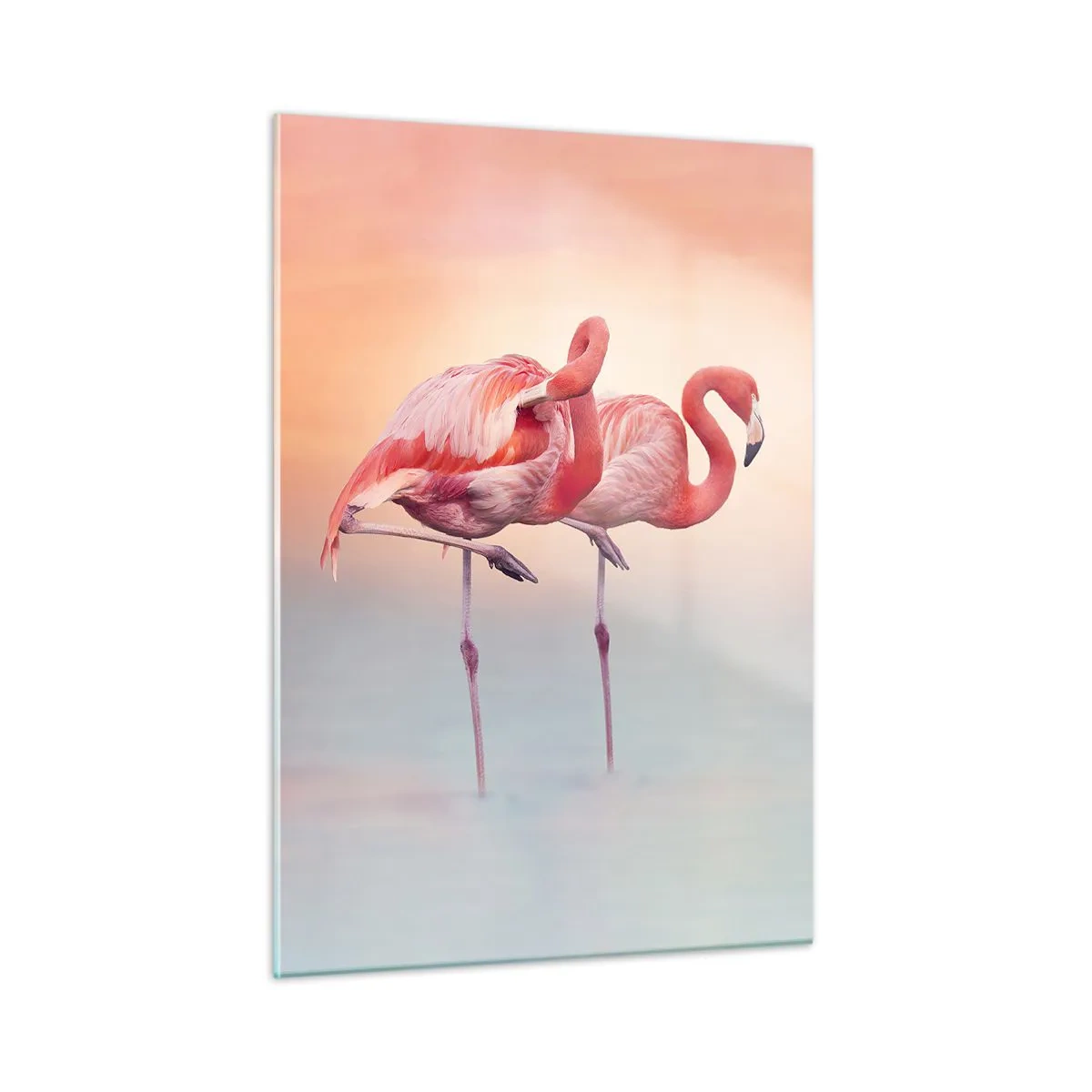 Glasbild - Bild auf glas - Zwei Flamingos stehen im Wasser vor einem pastellfarbenen Sonnenuntergangshintergrund - 50x70cm - Die Farbe der untergehenden Sonne - Moderne Wanddekoration für Wohnzimmer und Schlafzimmer ARTTOR