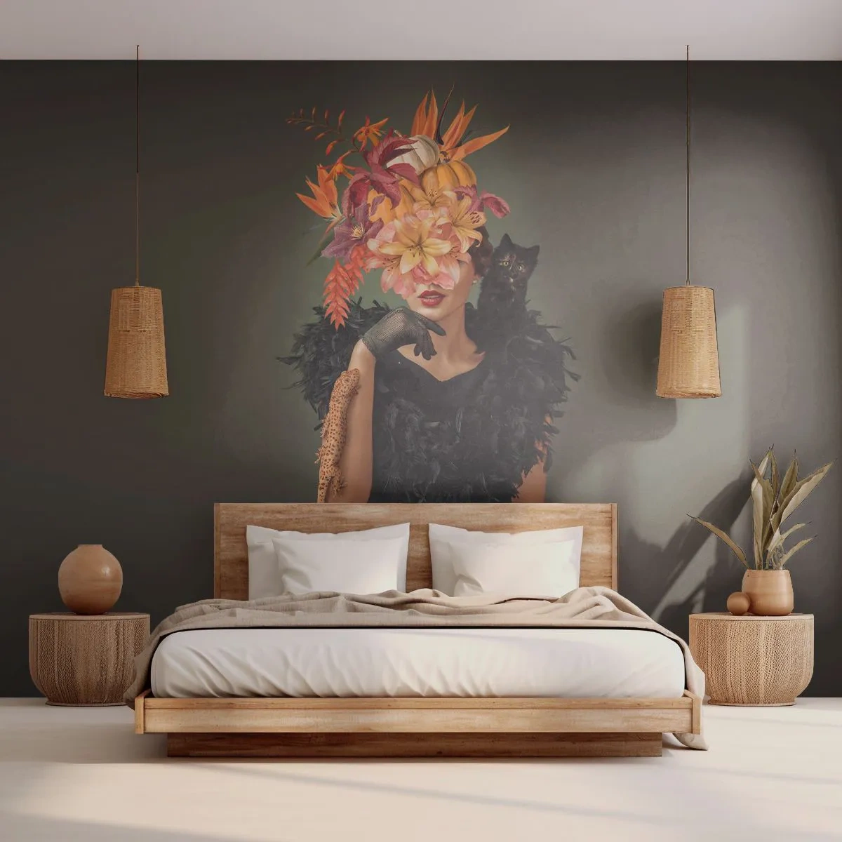 Fototapete Premium Sand - Eine Frau in Schwarz mit Blumenkrone, einer Katze und einem Kürbis - 100x70cm - Der Zauber einer Hexe - Moderne Wanddekoration für Wohnzimmer und Schlafzimmer ARTTOR
