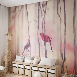 Selbstklebende Fototapete Deluxe Sticker - Geschichte vom rosa Wald - Vogel, Natur, Wald - 100x70 cm