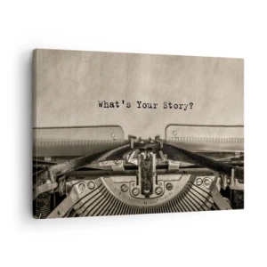 Bild auf Leinwand - Leinwandbild - Eine Schreibmaschine mit den Worten „Was ist Ihre Geschichte?“ - 70x50cm - Erzähl es mir - Moderne Wanddekoration für Wohnzimmer und Schlafzimmer ARTTOR