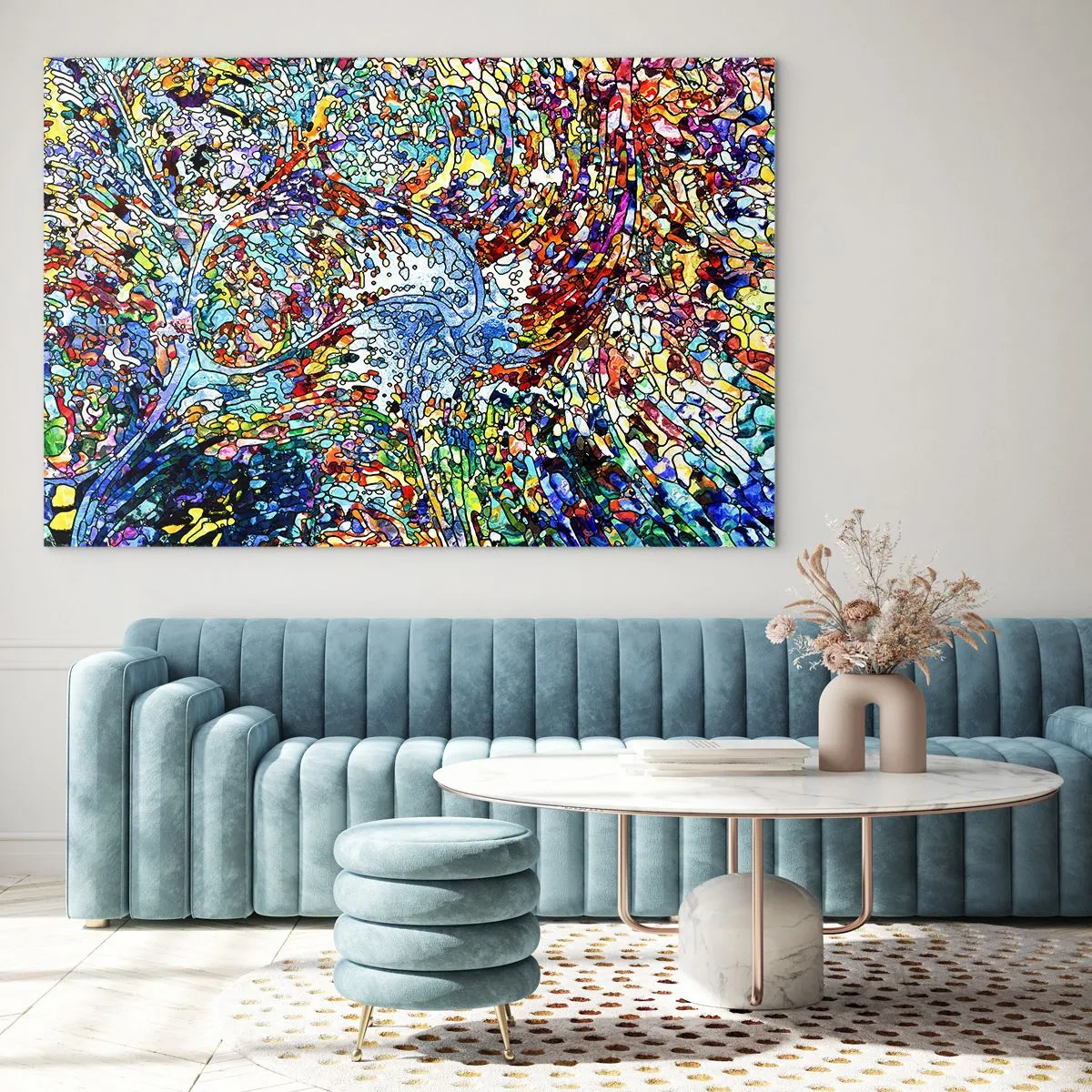 Glasbild - Bild auf glas - Bunte abstrakte Muster, die an Buntglas erinnern - 100x70cm - Glasmalerei Wassertropfen - Moderne Wanddekoration für Wohnzimmer und Schlafzimmer ARTTOR