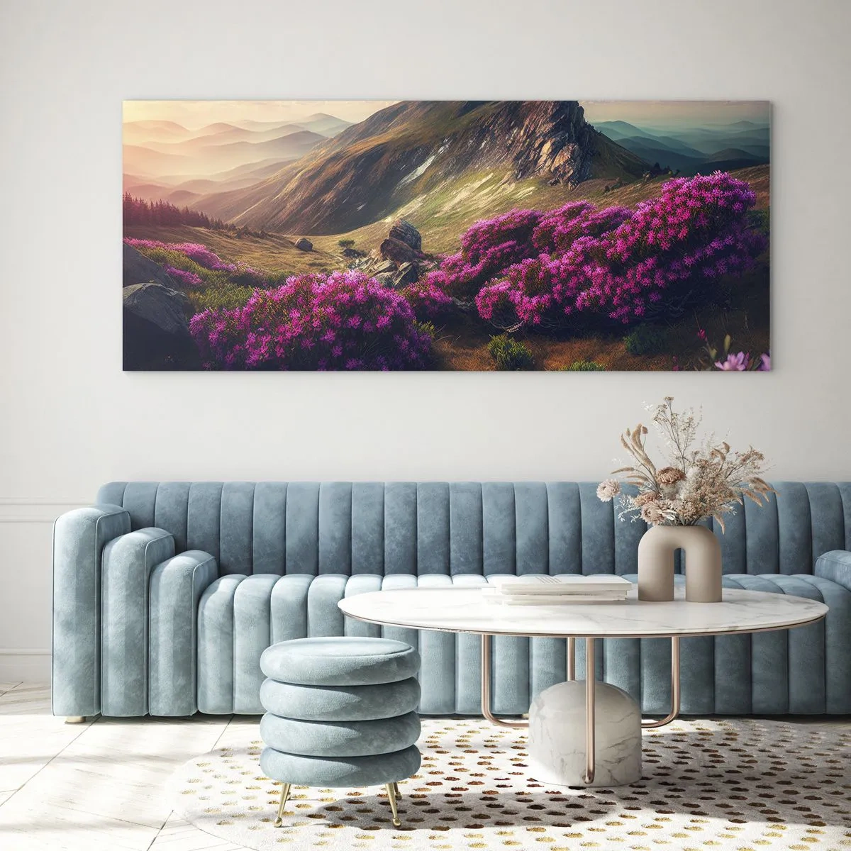 Glasbild - Bild auf glas - Berglandschaft mit blühenden Rhododendren - 120x50cm - Sommer in den Bergen - Moderne Wanddekoration für Wohnzimmer und Schlafzimmer ARTTOR