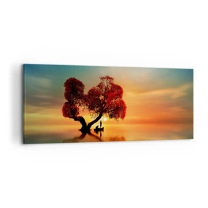 Bild auf Leinwand - Leinwandbild - Ein rotblättriger Baum und ein Boot auf dem Wasser bei Sonnenuntergang - 120x50cm - Oddaysons und die Stille der Weltlosen - Moderne Wanddekoration für Wohnzimmer und Schlafzimmer ARTTOR