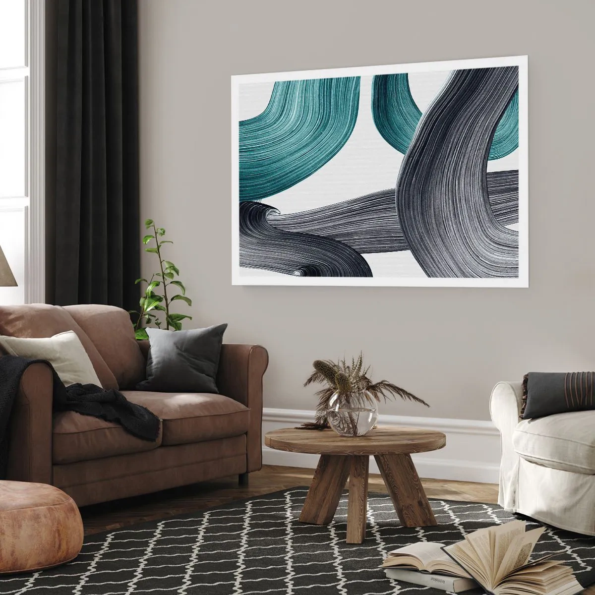 Poster - Fließende abstrakte Linien in Grün- und Grautönen - 100x70cm - Smaragdgrüne und schwarze Pfade - Moderne Wanddekoration für Wohnzimmer und Schlafzimmer ARTTOR