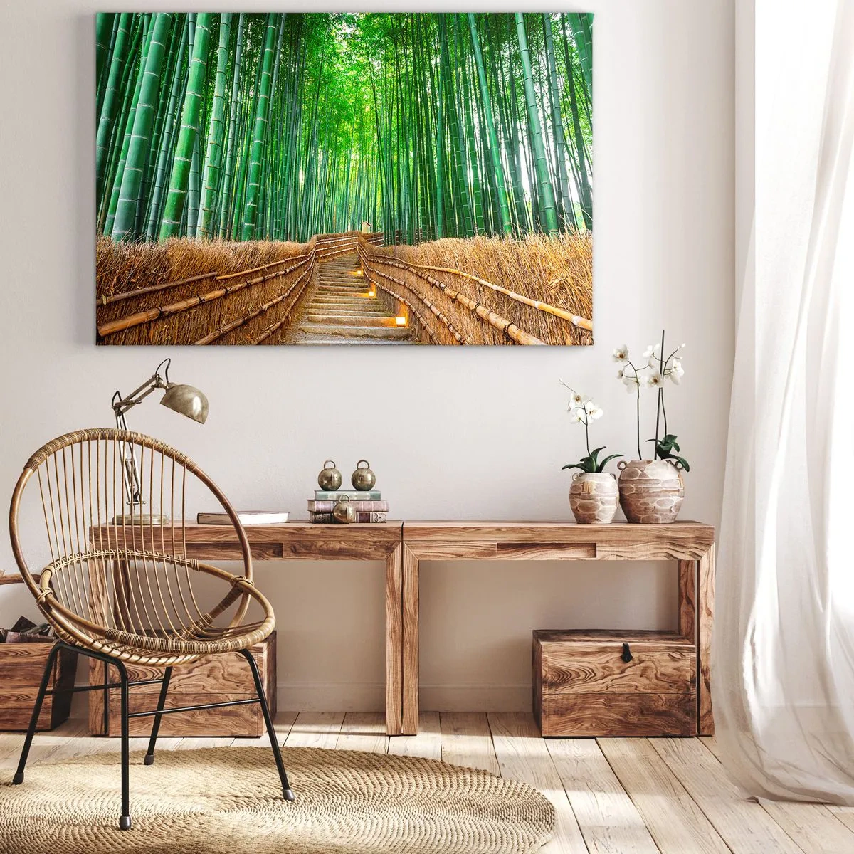 Bild auf Leinwand - Leinwandbild - Ein Pfad in einem dichten Bambuswald - 120x80cm - Die Essenz der asiatischen Natur - Moderne Wanddekoration für Wohnzimmer und Schlafzimmer ARTTOR