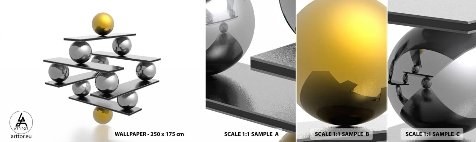 Fototapetenmuster Standard Eco - Gold- und Silberbalance - Abstraktion, Metallkugeln, 3D - 100x30 cm