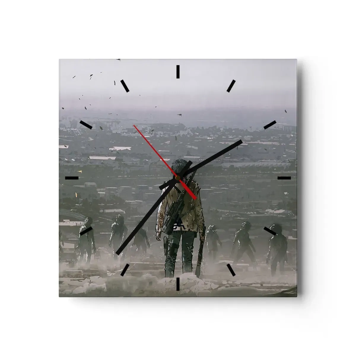 Wanduhr - Glasuhr - Eine Gestalt mit einer Waffe steht vor einer Gruppe in einer dystopischen Landschaft. - 30x30cm - Letzter Gerechter? - Moderne Wanddekoration für Wohnzimmer und Schlafzimmer ARTTOR