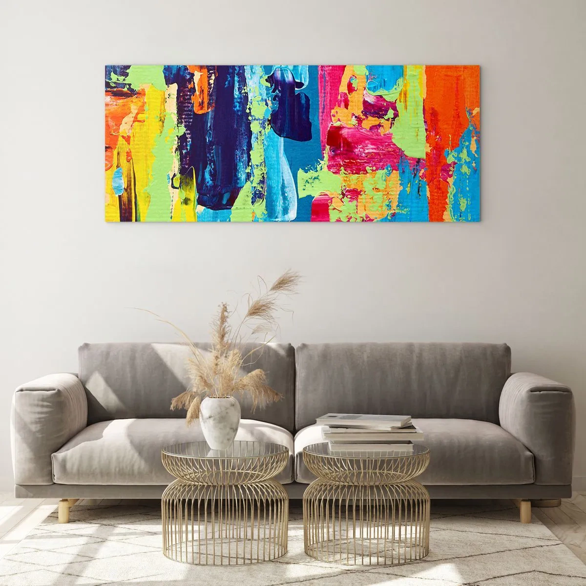 Glasbild - Bild auf glas - Abstrakte Farbkomposition in dynamischer Form - 160x50cm - Das Leben ist wunderschoen! - Moderne Wanddekoration für Wohnzimmer und Schlafzimmer ARTTOR