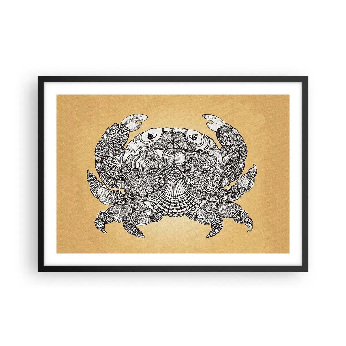 Poster in einem schwarzem Rahmen - Dekorative Zeichnung einer Krabbe auf goldenem Hintergrund - 70x50cm - Geschichten von Mr. Krabs - Moderne Wanddekoration für Wohnzimmer und Schlafzimmer ARTTOR